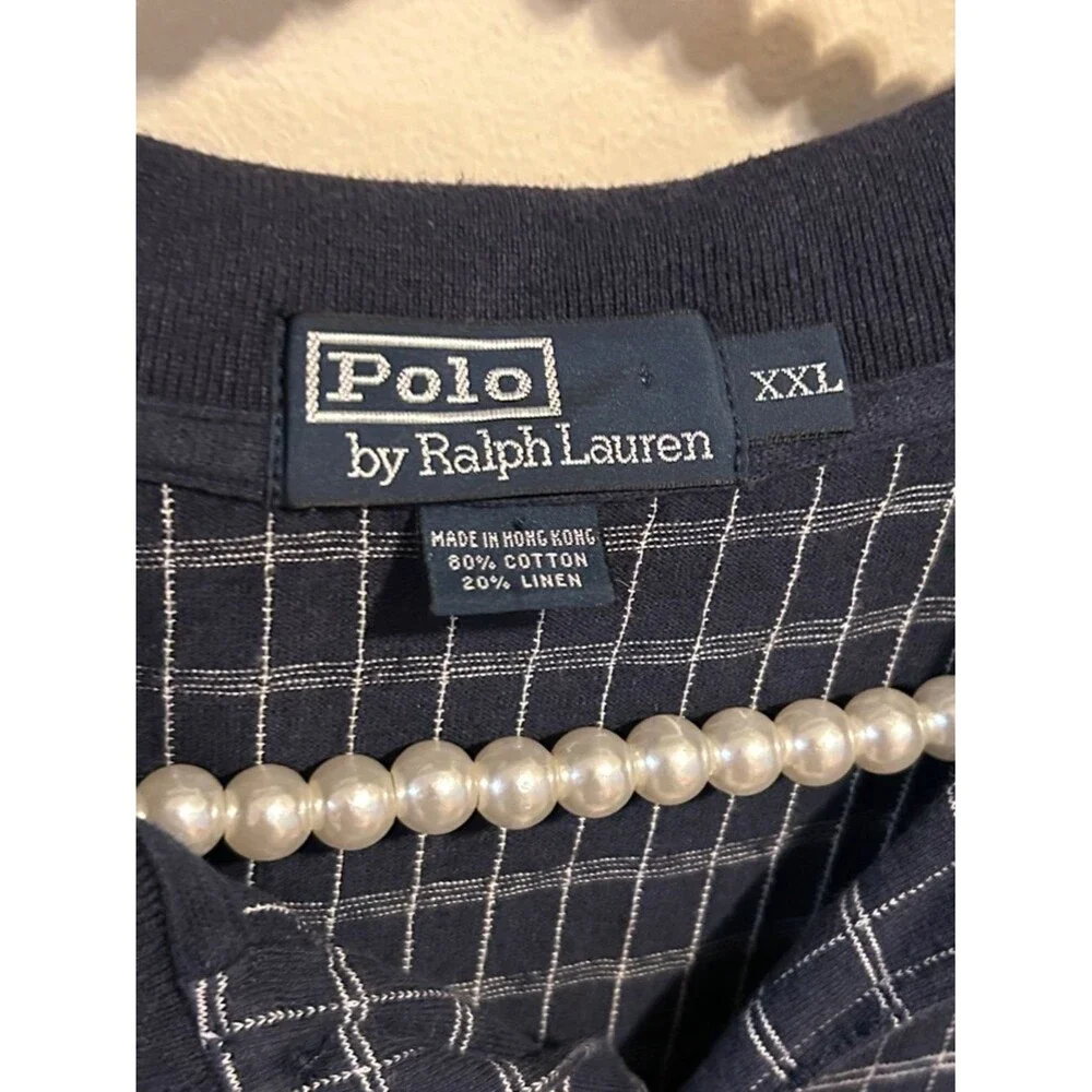 Polo Ralph Lauren XXL Navy Blue White Grid Cotton Linen Polo Shirt